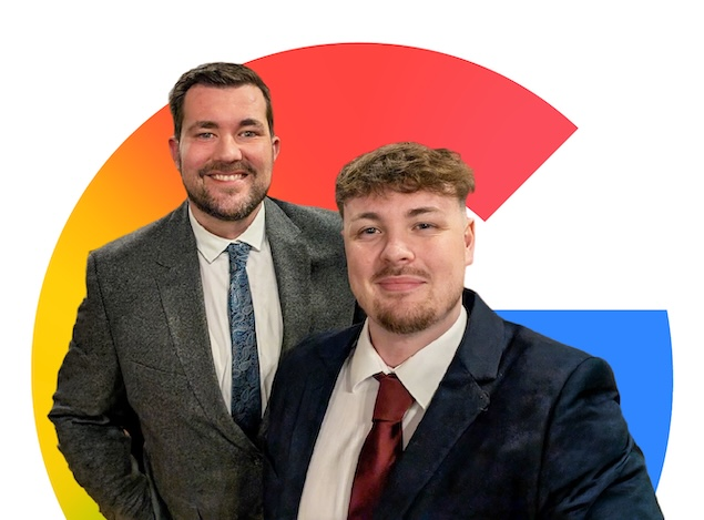 Google Partner PPC Agency professionals in front of colourful Google logo, highlighting renewed Google Partner accreditation
